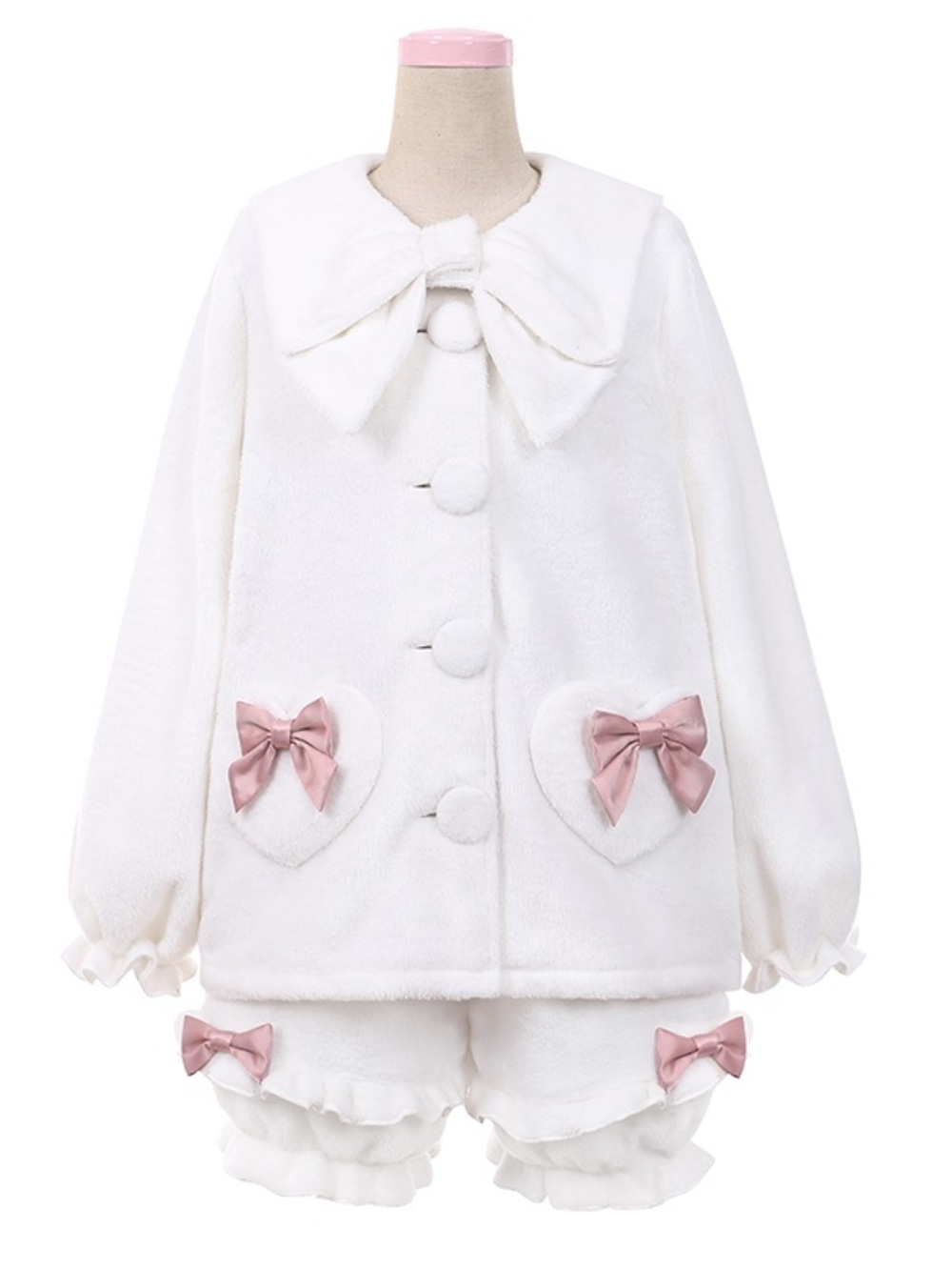 To Alice EGL Lolita Fashion Kawaii White x Pink Fleece Coat + Shorts 2 Piece Set